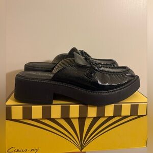 Nancy Black Glossy Round Toe Patent Slip on Mules